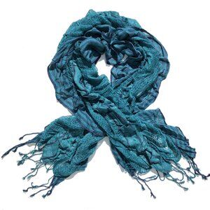 ruffled scarf striped green teal navy metallic rectangular boho hippie tassels